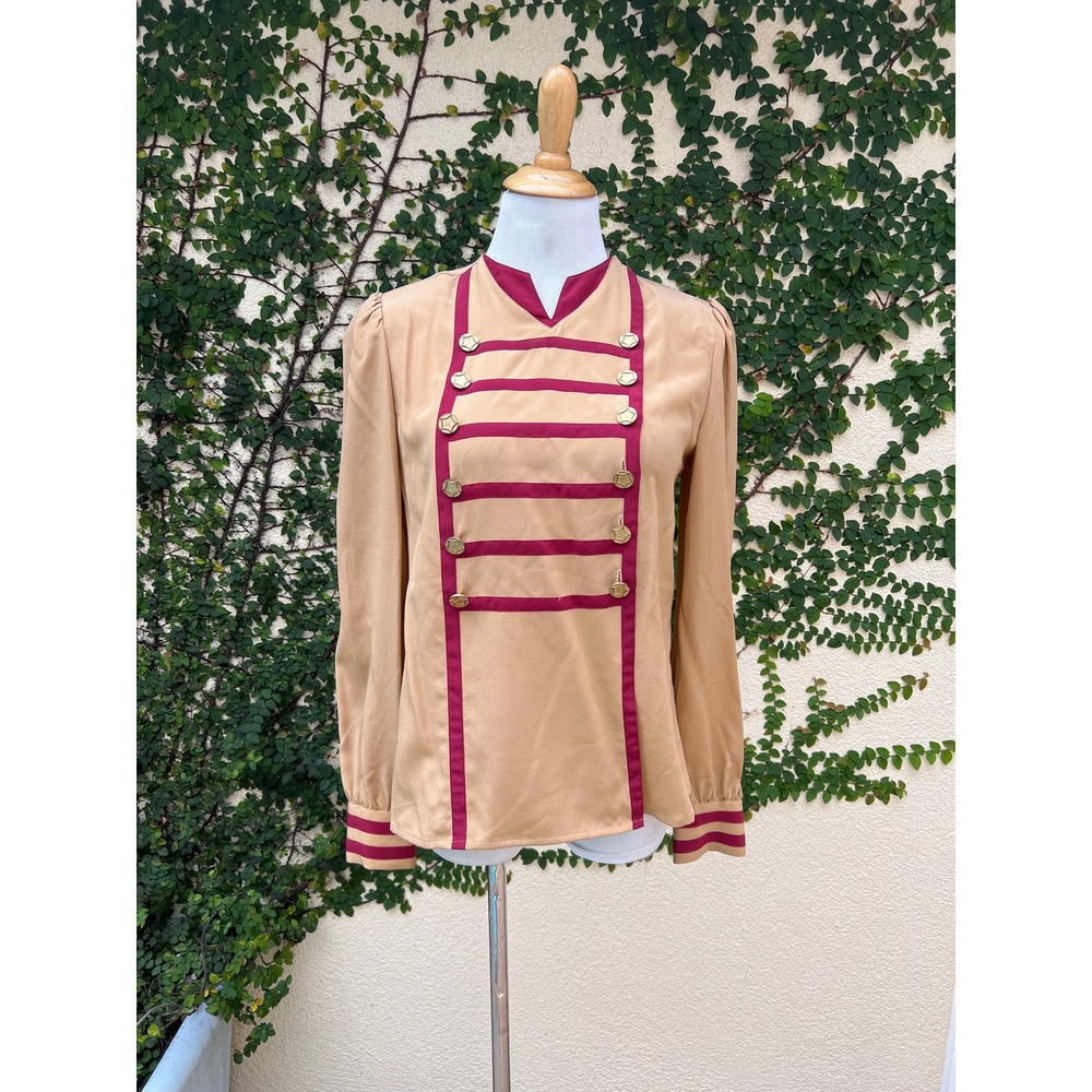 ADOLFO vintage silk tan and burgundy red military style blouse